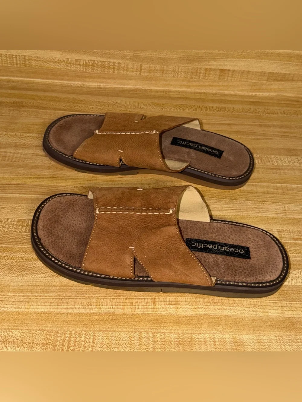 OP ocean pacific Men's size 8 slides slip on Tan Brown Leather Slide Sandals